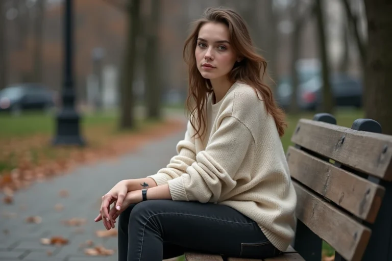 Jeune femme avec un tatouage loup solitaire sur l'avant-bras, assise seule sur un banc de parc en automne, symbolisant la solitude