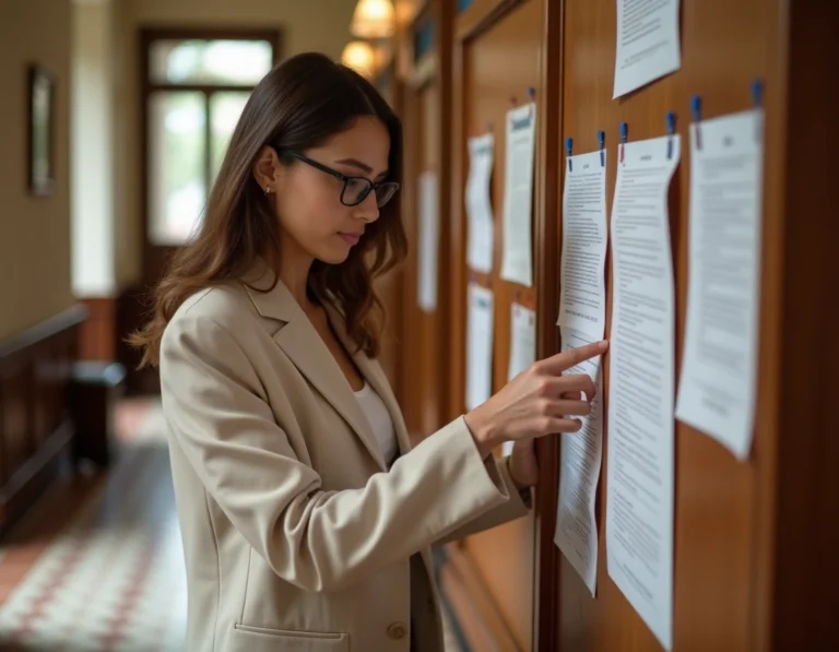 Femme consultant l'affichage des bans de mariage dans une mairie française